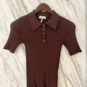 Sandro Eggplant Ribbed Knit Polo Top